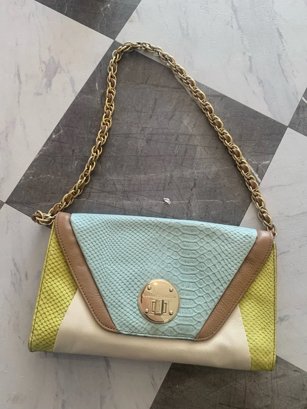 Elliott Lucca Pastel Colorblock Chain Crossbody — Light Blue, Yellow, Cream, Tan